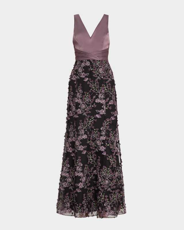 Sleeveless Floral-Embroidered Gown